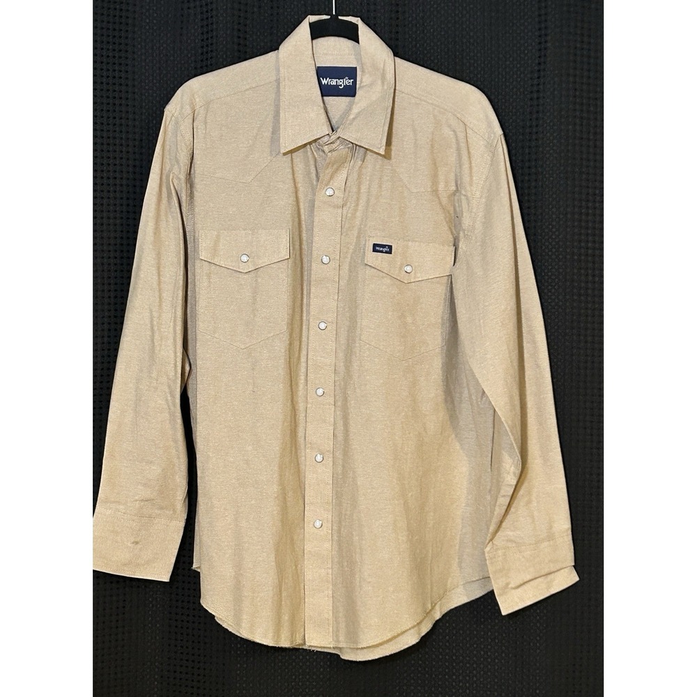VTG Wrangler Tan Long Sleeve Pearl Snap Western Rodeo Cowboy Shirt 100% Cotton L